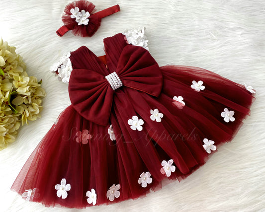 Cute White Flower Work Cape Sleeves Maroon Frock