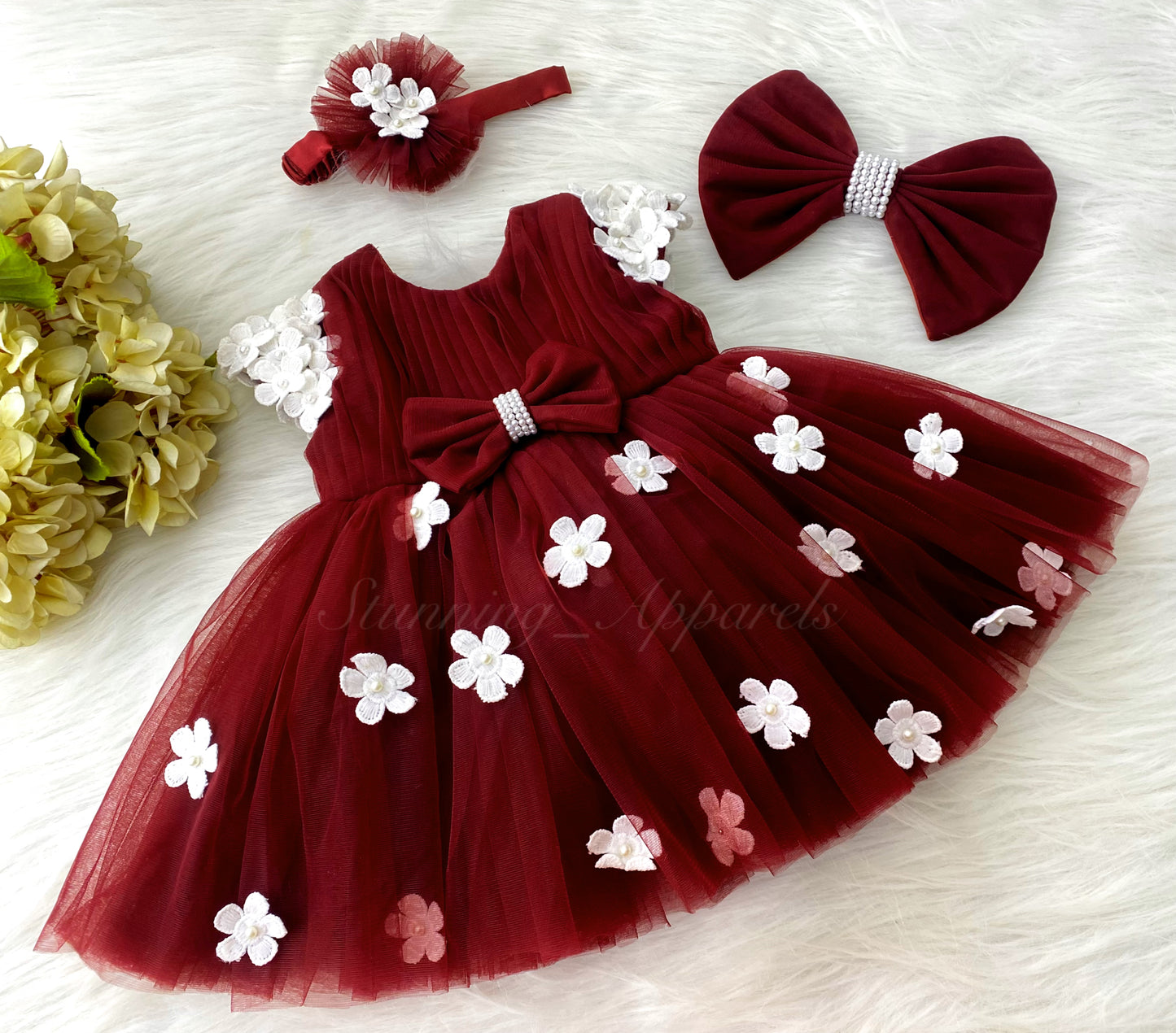 Cute White Flower Work Cape Sleeves Maroon Frock