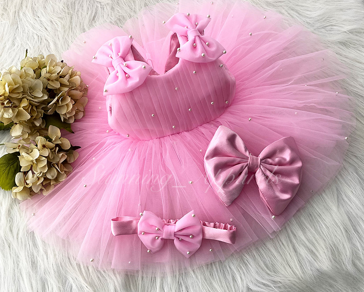Shoulder Bow White Pearls Work Baby Pink Frock
