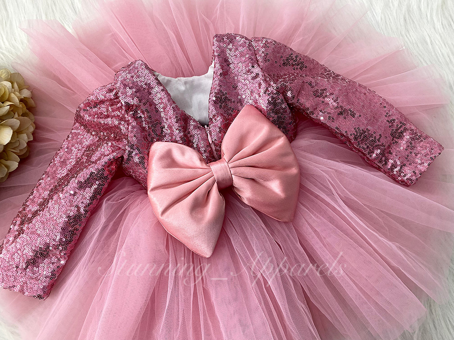 Stylish Long Sleeves Satin Bow Party Wear Peach Frock