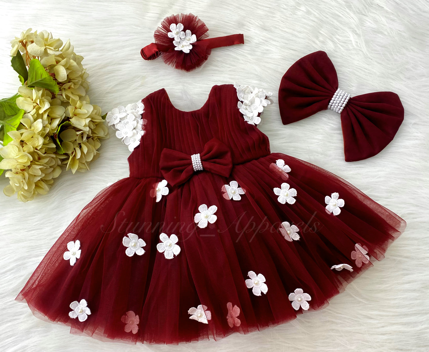 Cute White Flower Work Cape Sleeves Maroon Frock