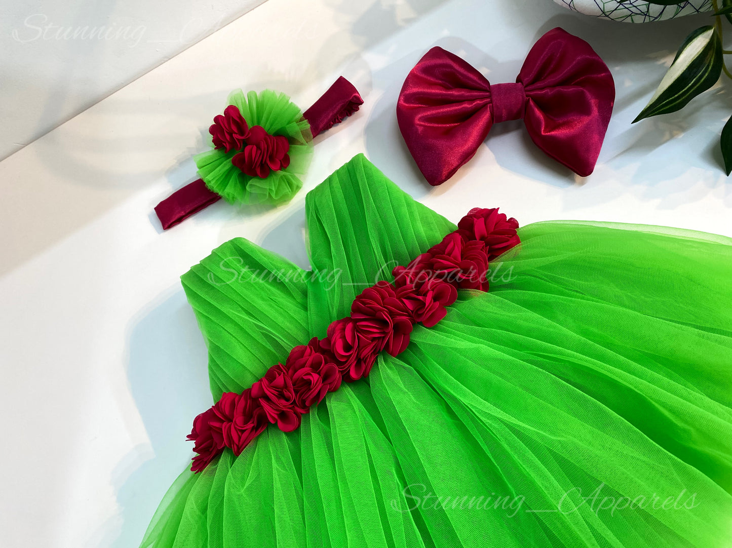 Waist Line Magenta Flower Work Parrot Green Frock