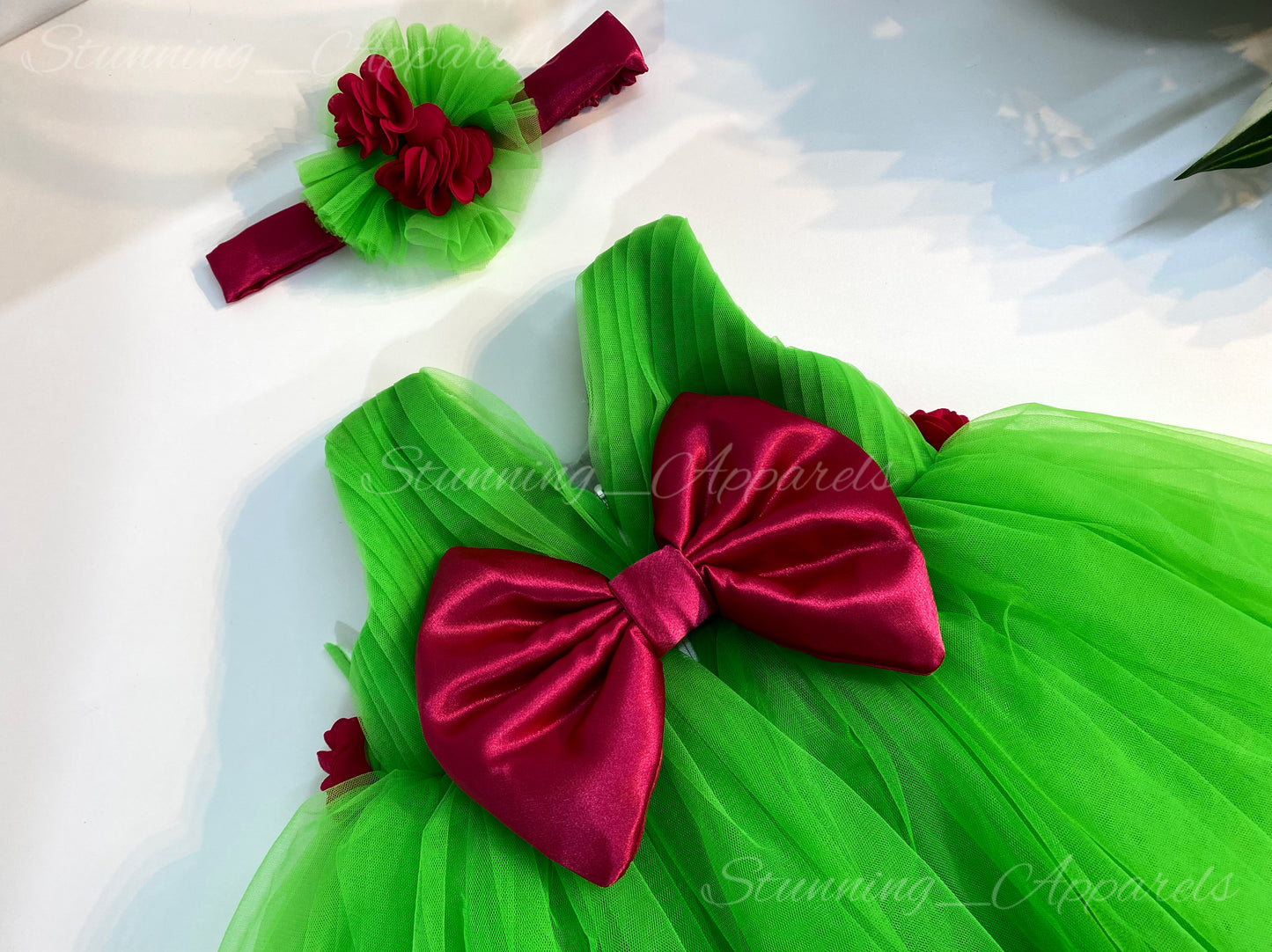 Waist Line Magenta Flower Work Parrot Green Frock