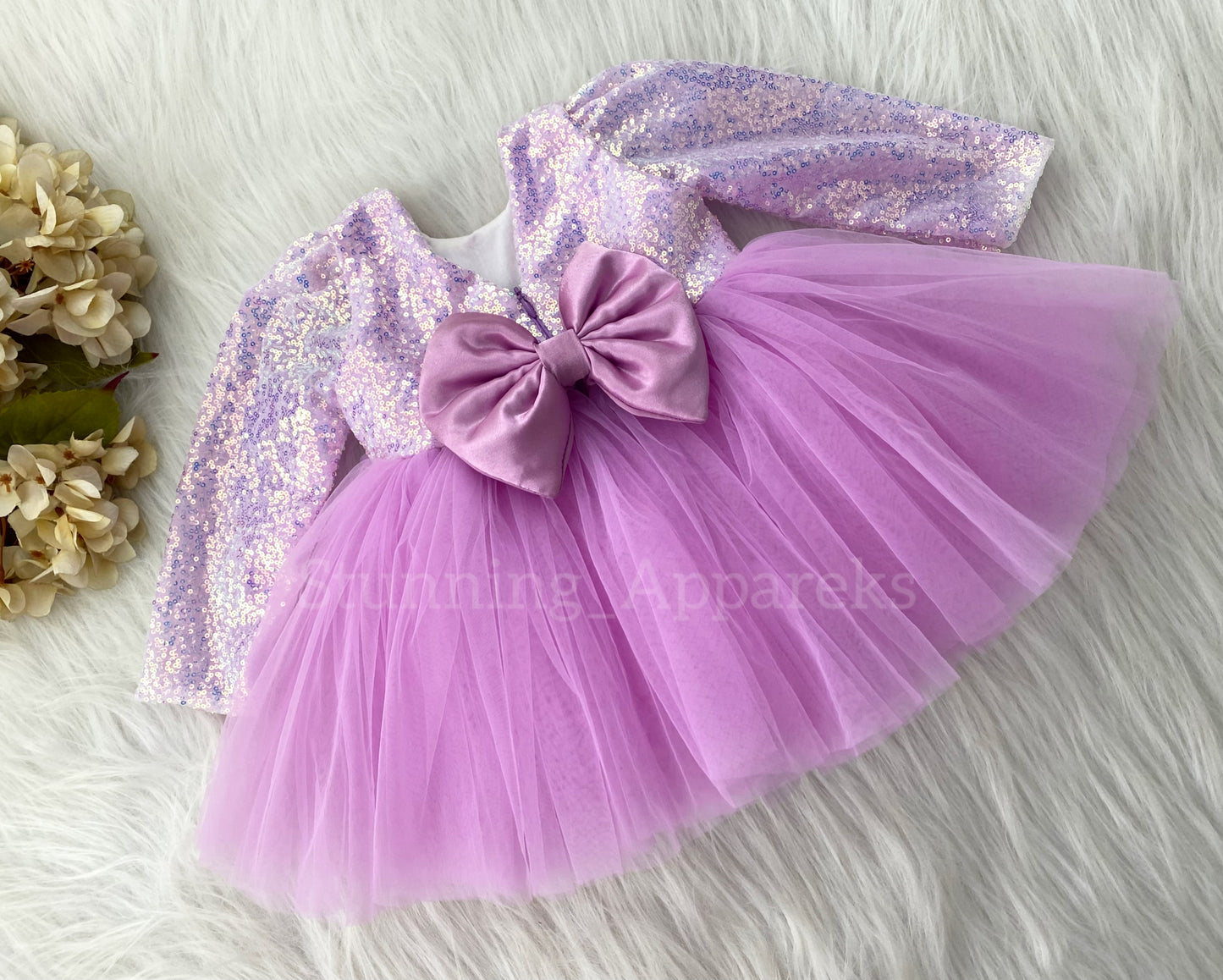 Stylish Long Sleeves Satin Bow Party Wear Light Lavender Frock