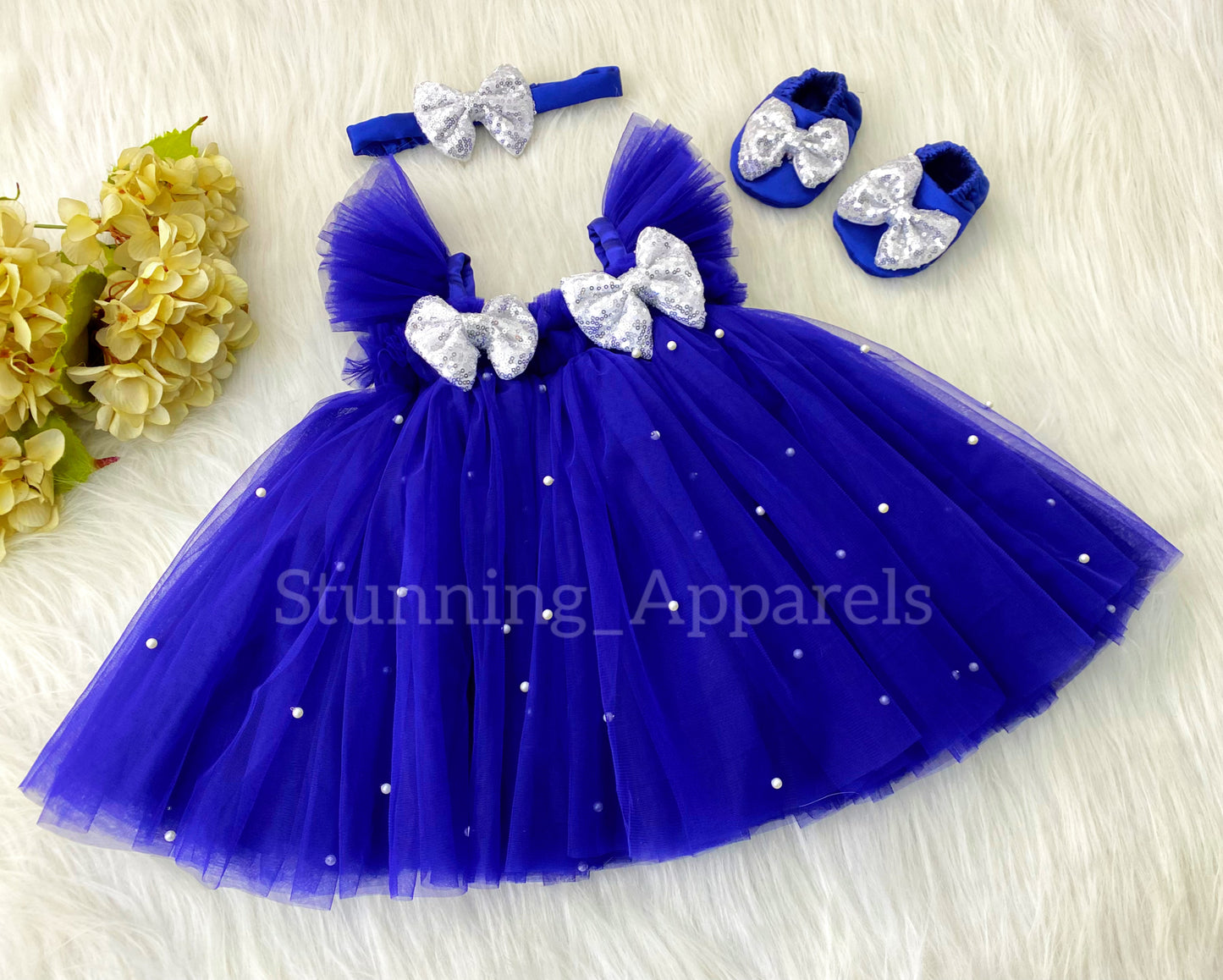 Silver Sequins Bow Party Wear Royal Blue Umbrella Dress