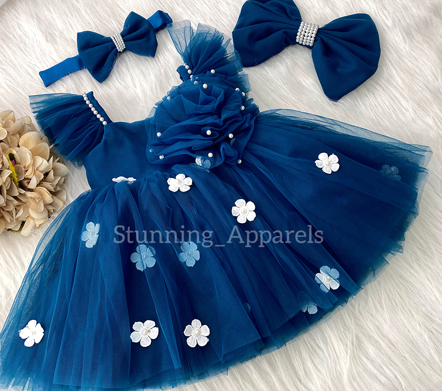 White Flower Work Strapped Sleeves Teal Blue Frock