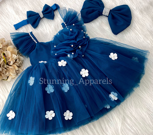 White Flower Work Strapped Sleeves Teal Blue Frock
