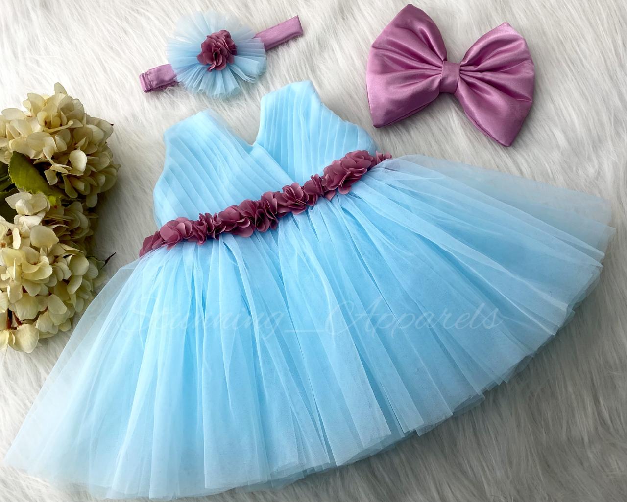 Waist Line Dusty Pink Flower Work Sky Blue Frock