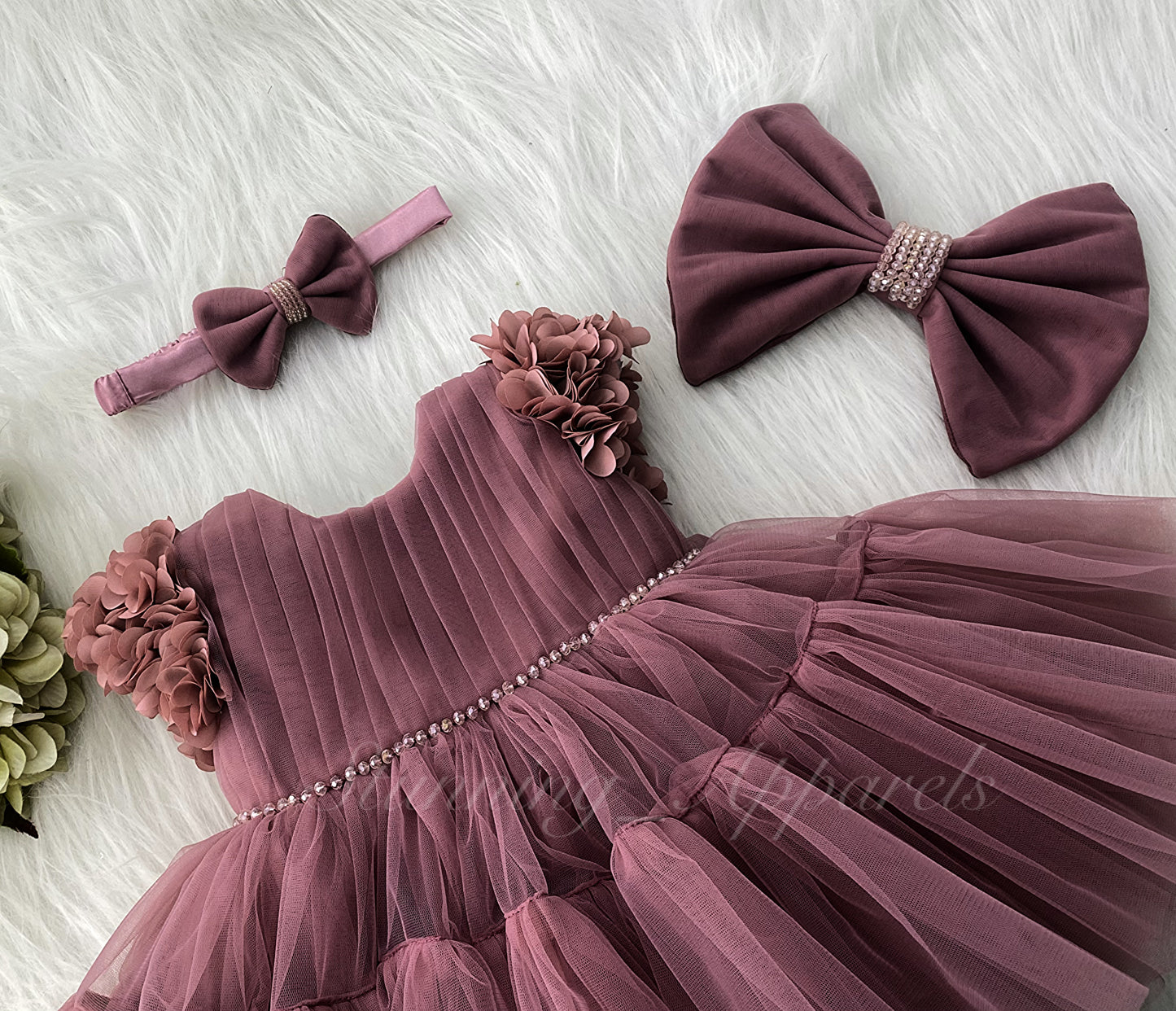 Beautiful Cape Sleeves Flower Work Ruffled Brown Frock