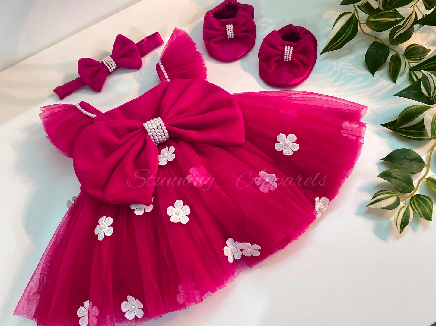 White Flower Work Strapped Sleeves  Magenta Pink Frock