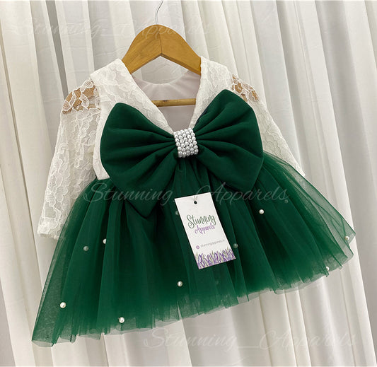 Long Sleeves White Pearls Work Dark Bottle Green Frock