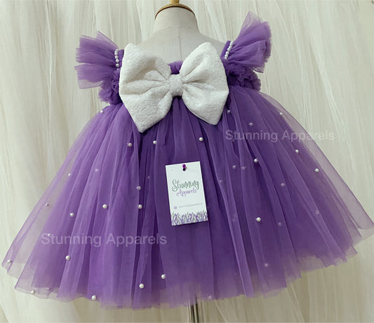Ruffled Sleeves Strapped  Sequins Bow Party Wear Lavender Umbrella Dress