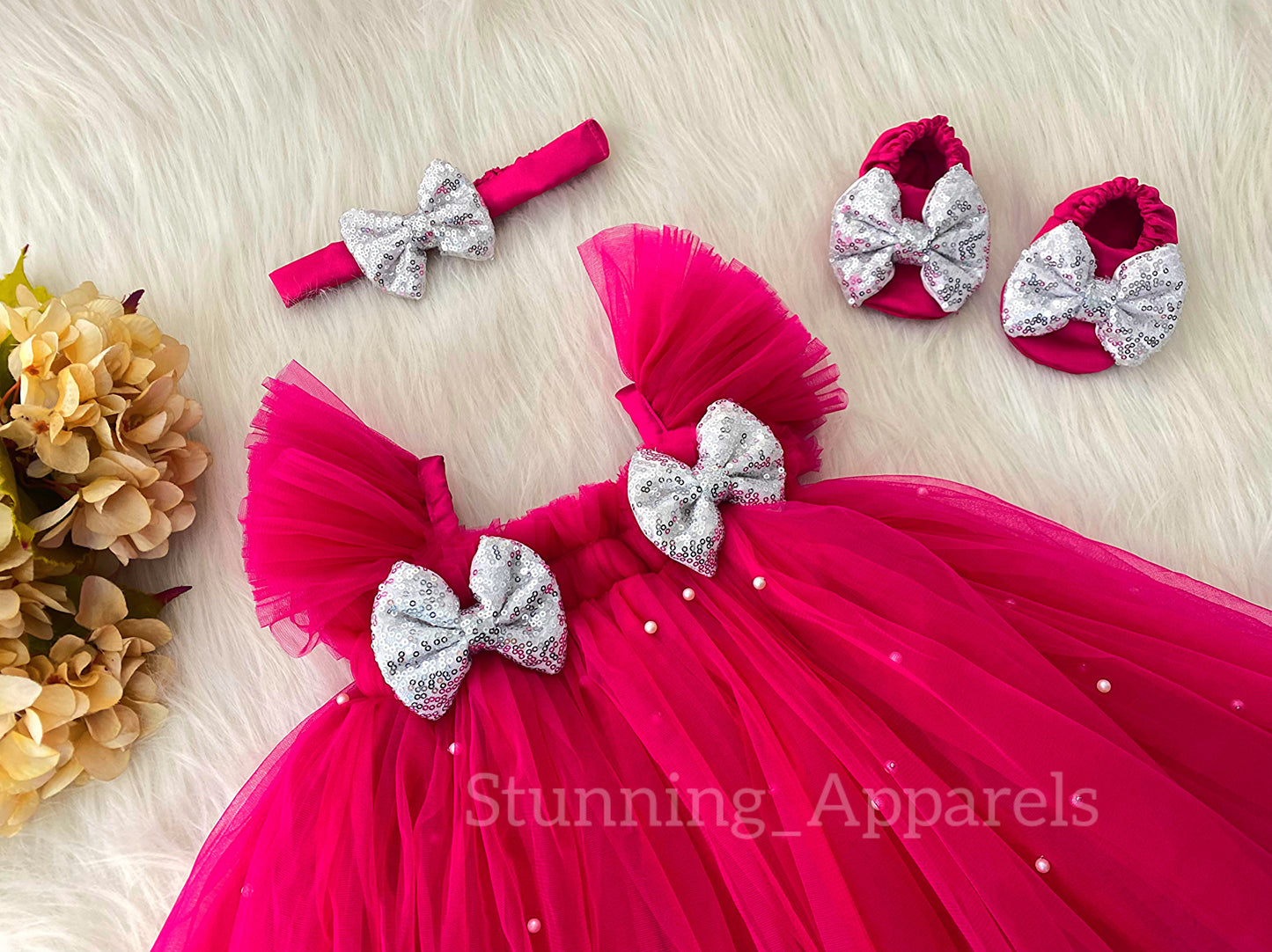 Silver Sequins Bow Party Wear Magenta Pink Umbrella Dress