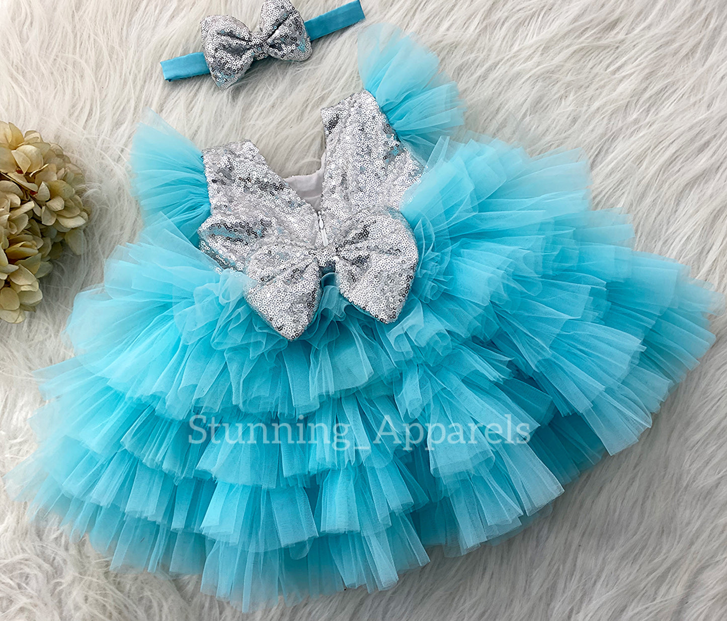 Silver Sequins Bow Stylish Lyered Dark Sky Blue Frock