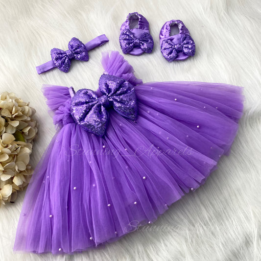 Lavender Sequins Bow Party Wear Lavender Umbrella Dress