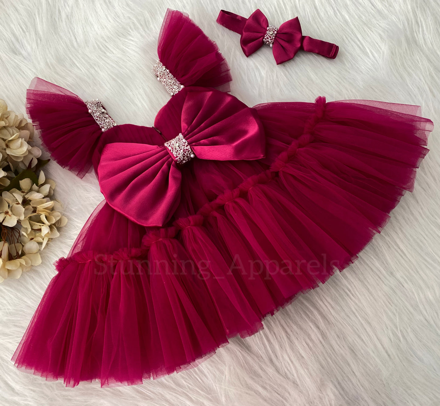 Designer Sweetheart Neckline Hand Work Dark Magenta Frock