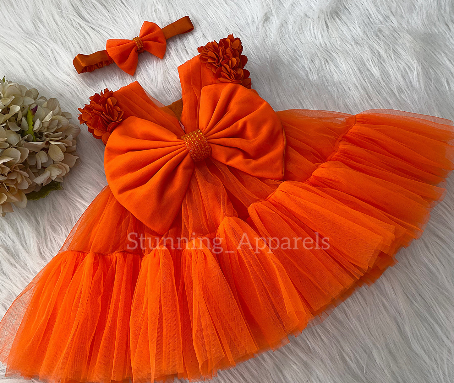 Beautiful Cape Sleeves Flower Work Ruffled Orange Frock