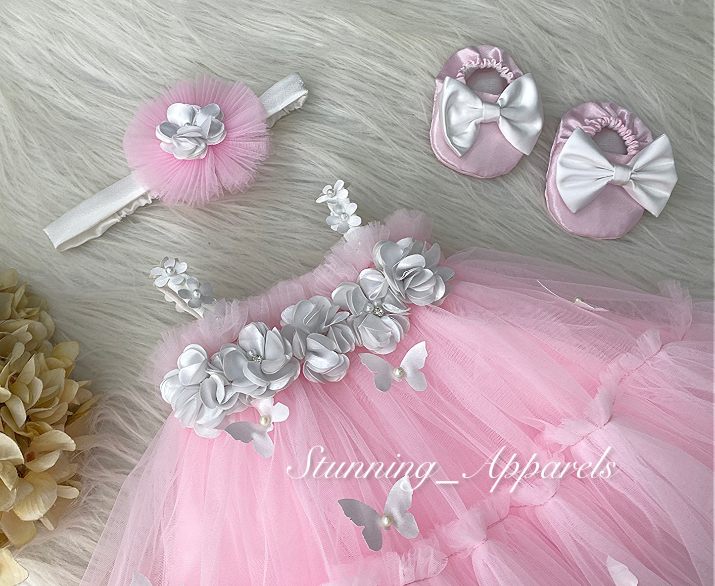Butterfly Work Cute Party Wear Baby Pink Dress
