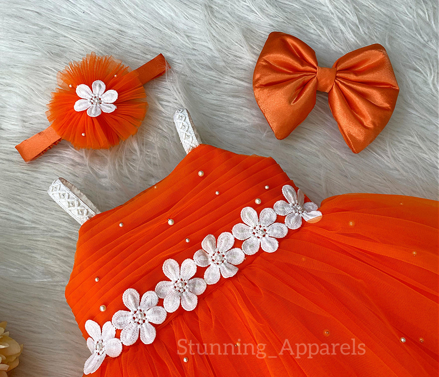 Waistline White Flower Work Party Wear Orange Dress