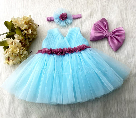 Waist Line Dusty Pink Flower Work Sky Blue Frock