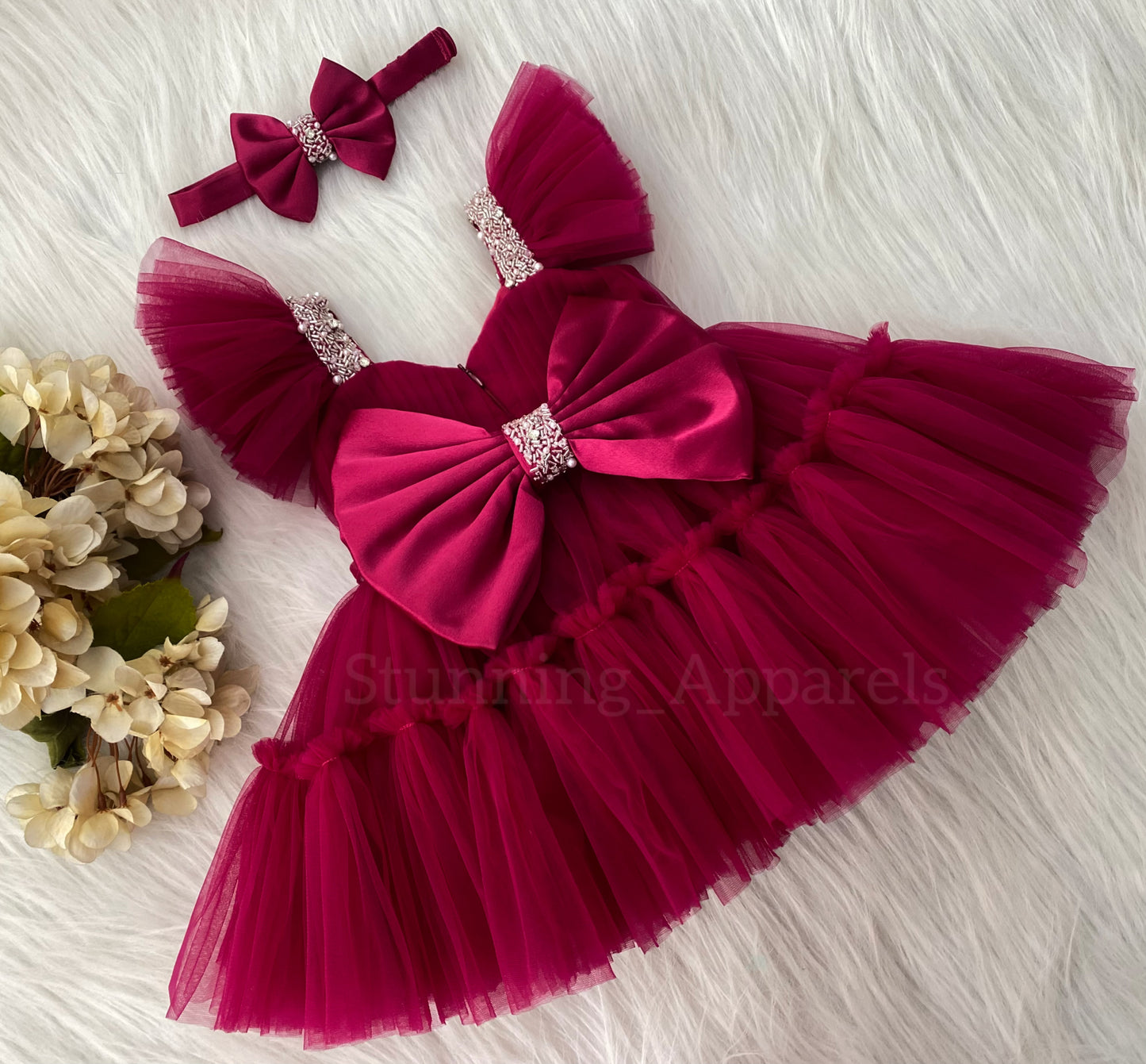 Designer Sweetheart Neckline Hand Work Dark Magenta Frock