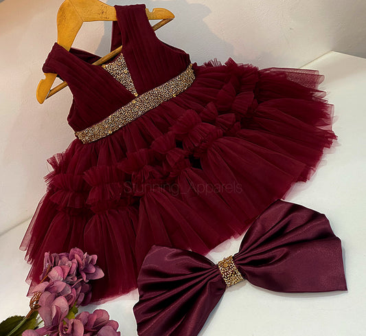 Designer Golden Hand Work Ruffled Party Wear Maroon Dress