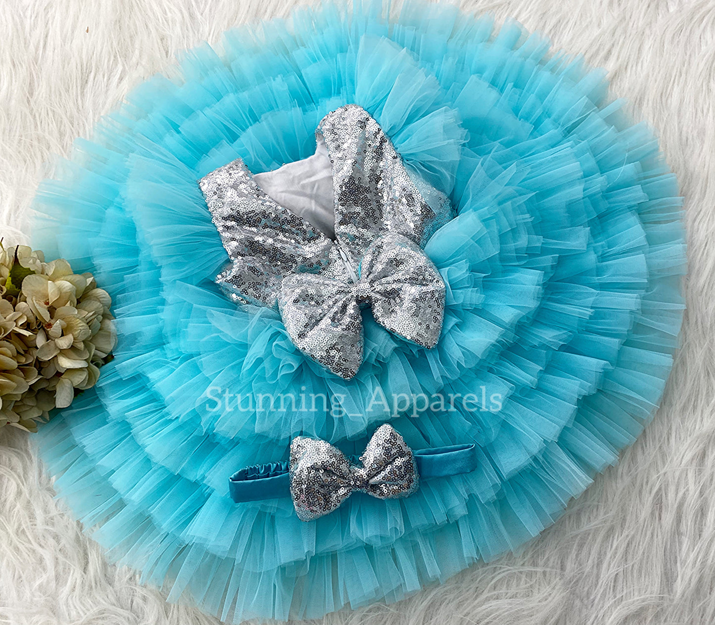 Silver Sequins Bow Stylish Lyered Dark Sky Blue Frock