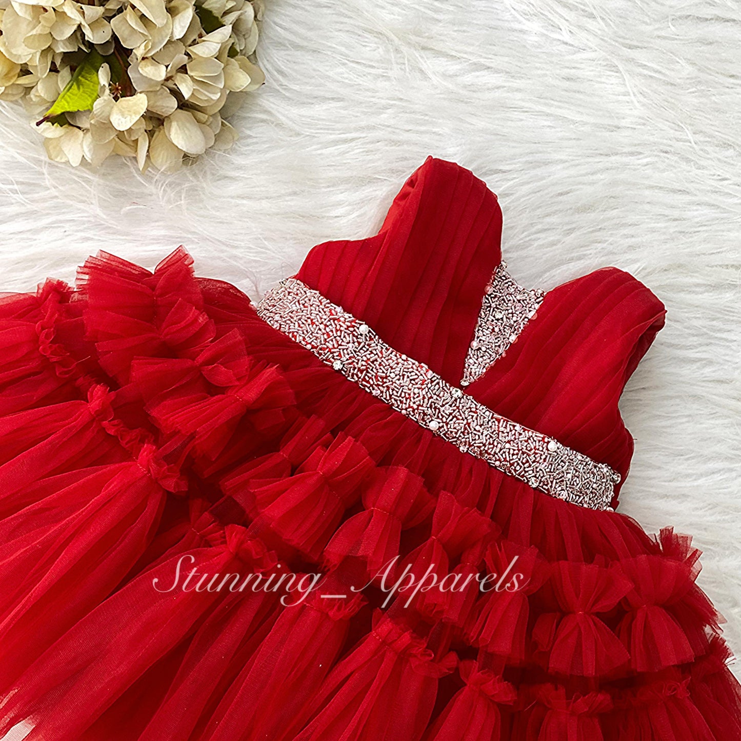 Designer Hand Wear Ruffled Party Wear Red Dress