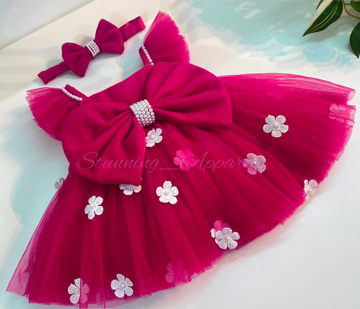 White Flower Work Strapped Sleeves  Magenta Pink Frock