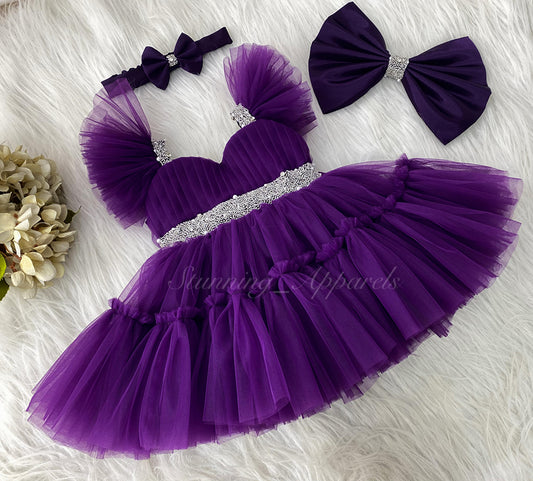 Designer Sweetheart Ruffled Sleeves Neckline Hand Work Purple Pink Frock