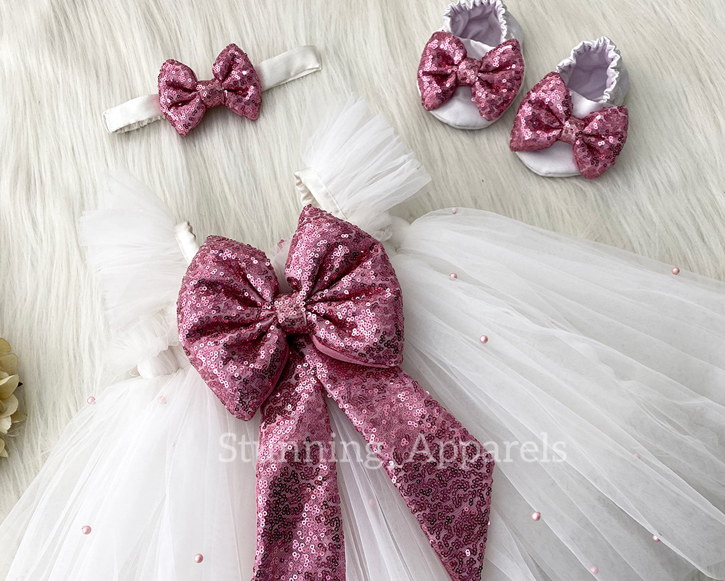 Baby Pink Sequins Bow Party Wear White Umbrella Dress