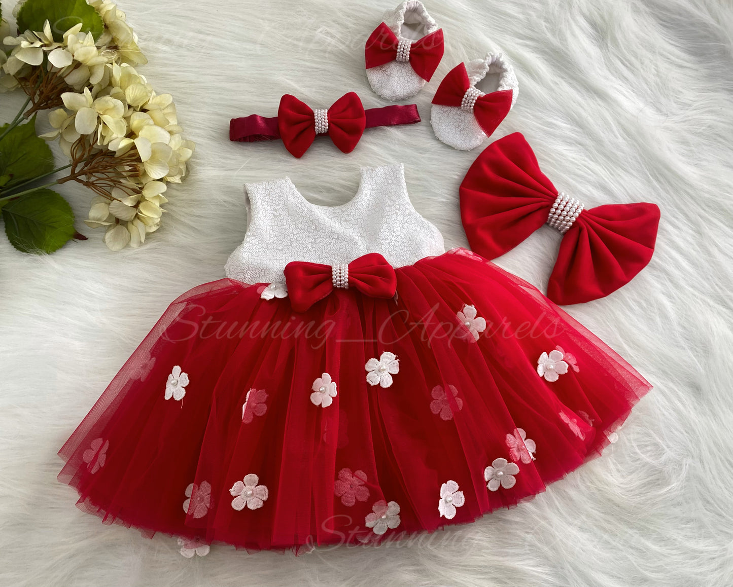 White Flower Work White Milky Sequins Red Dress