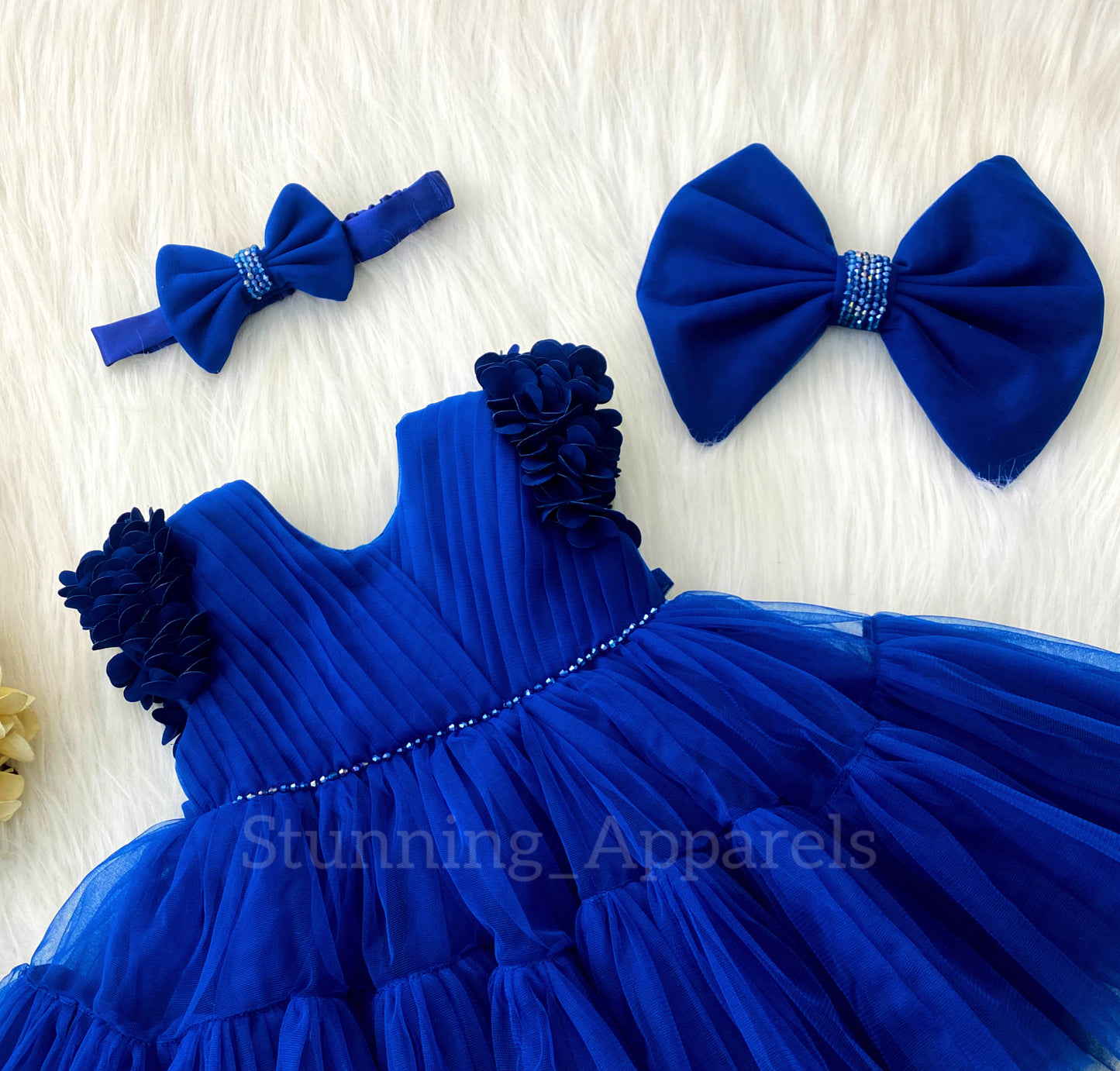 Beautiful  Cape Sleeves Flower Work Ruffled Royal Blue Frock