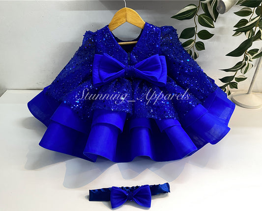 Designer Premium Long Sleeves Beads Sequins Royal Blue Dress