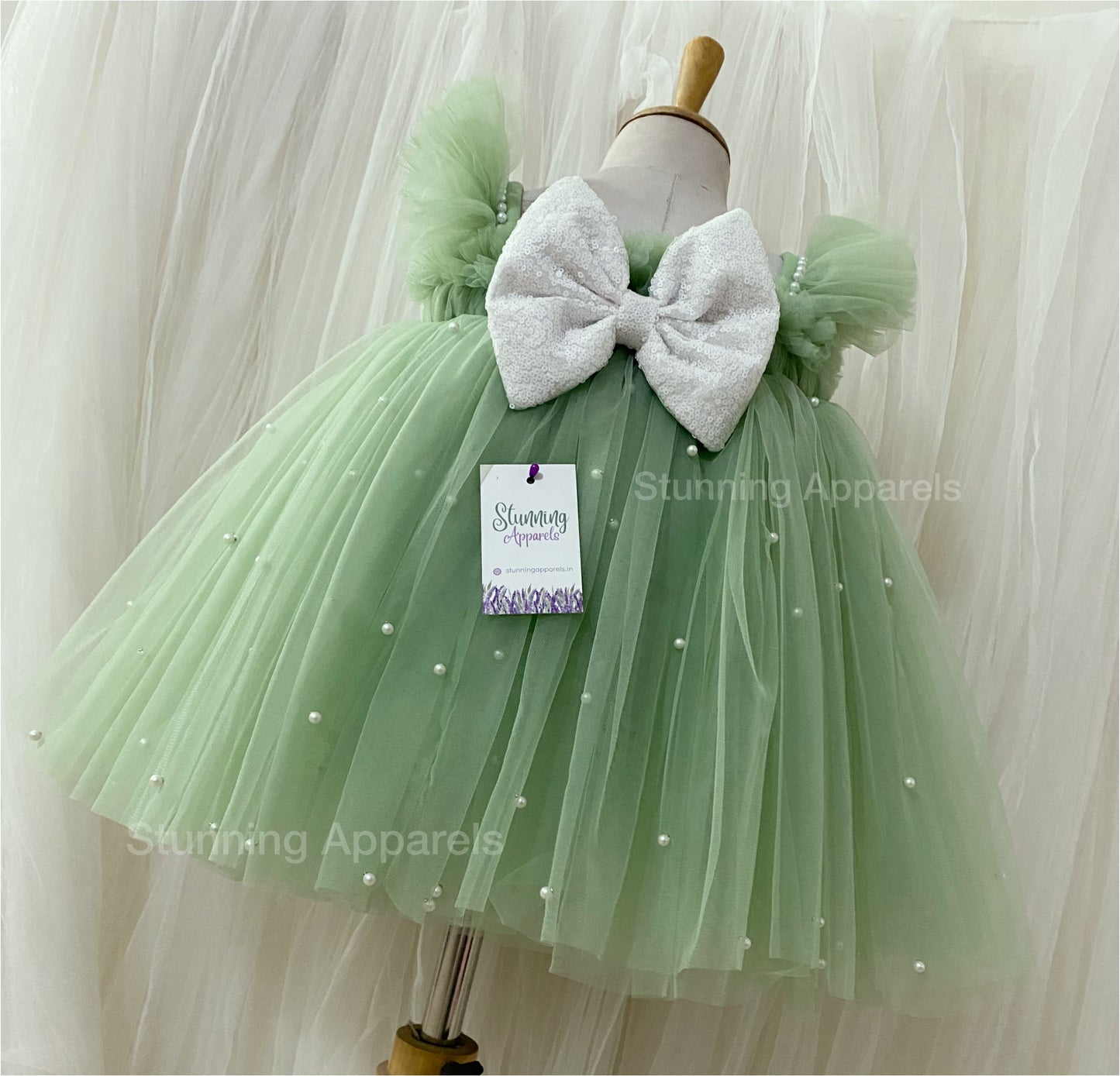 Ruffled Sleeves Strapped  Sequins Bow Party Wear Pista Green Umbrella Dress