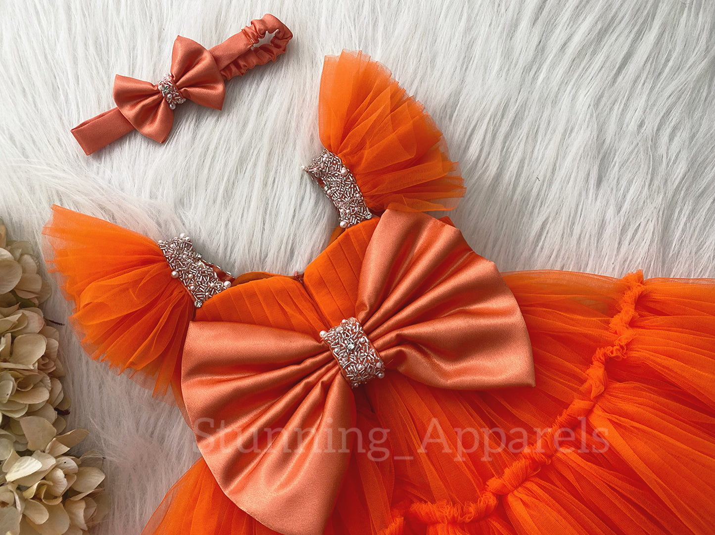 Designer Sweetheart Neckline Hand Work Orange Frock