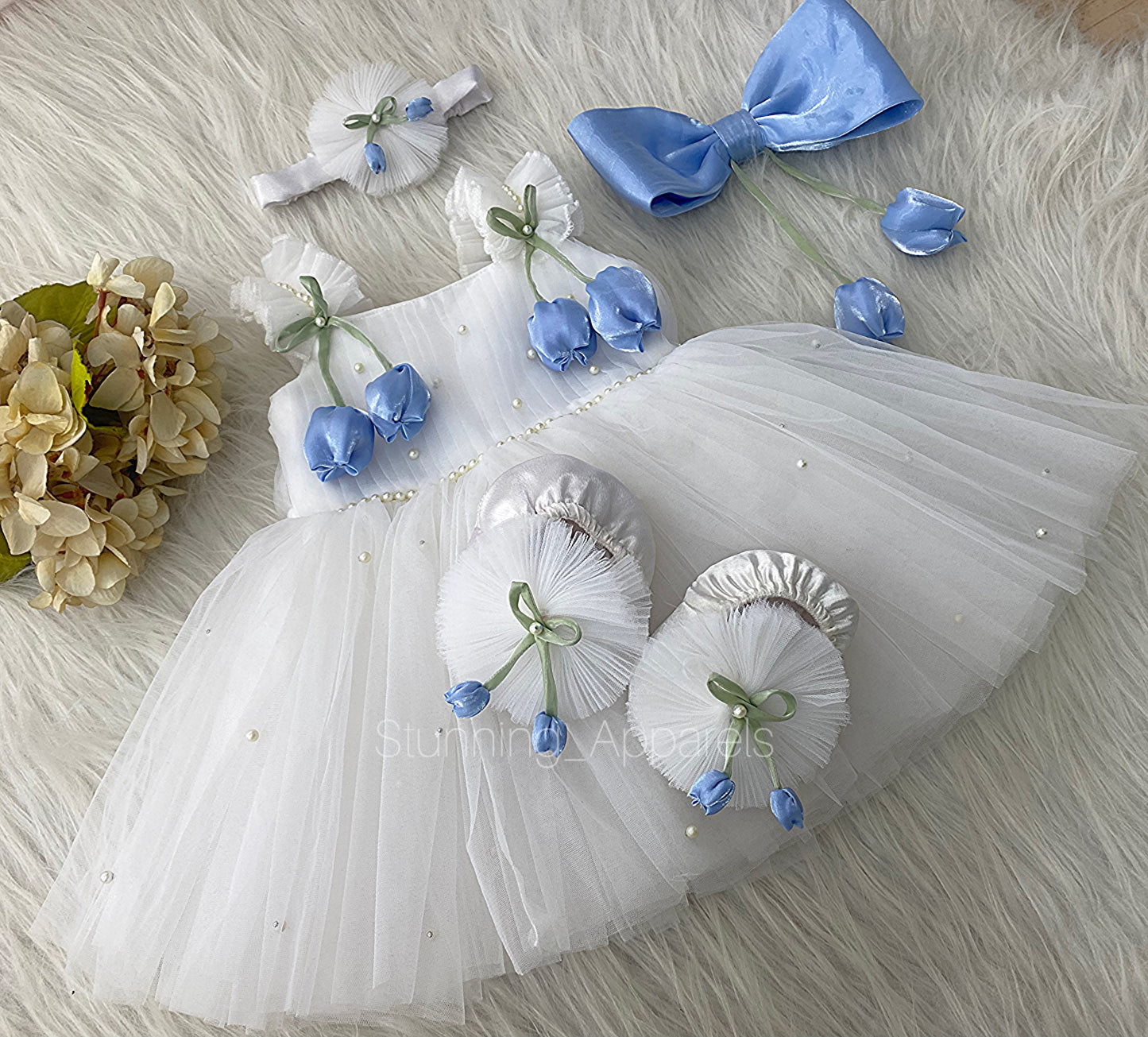 Pastel Blue Tulip Flower Work Party Wear White Dress