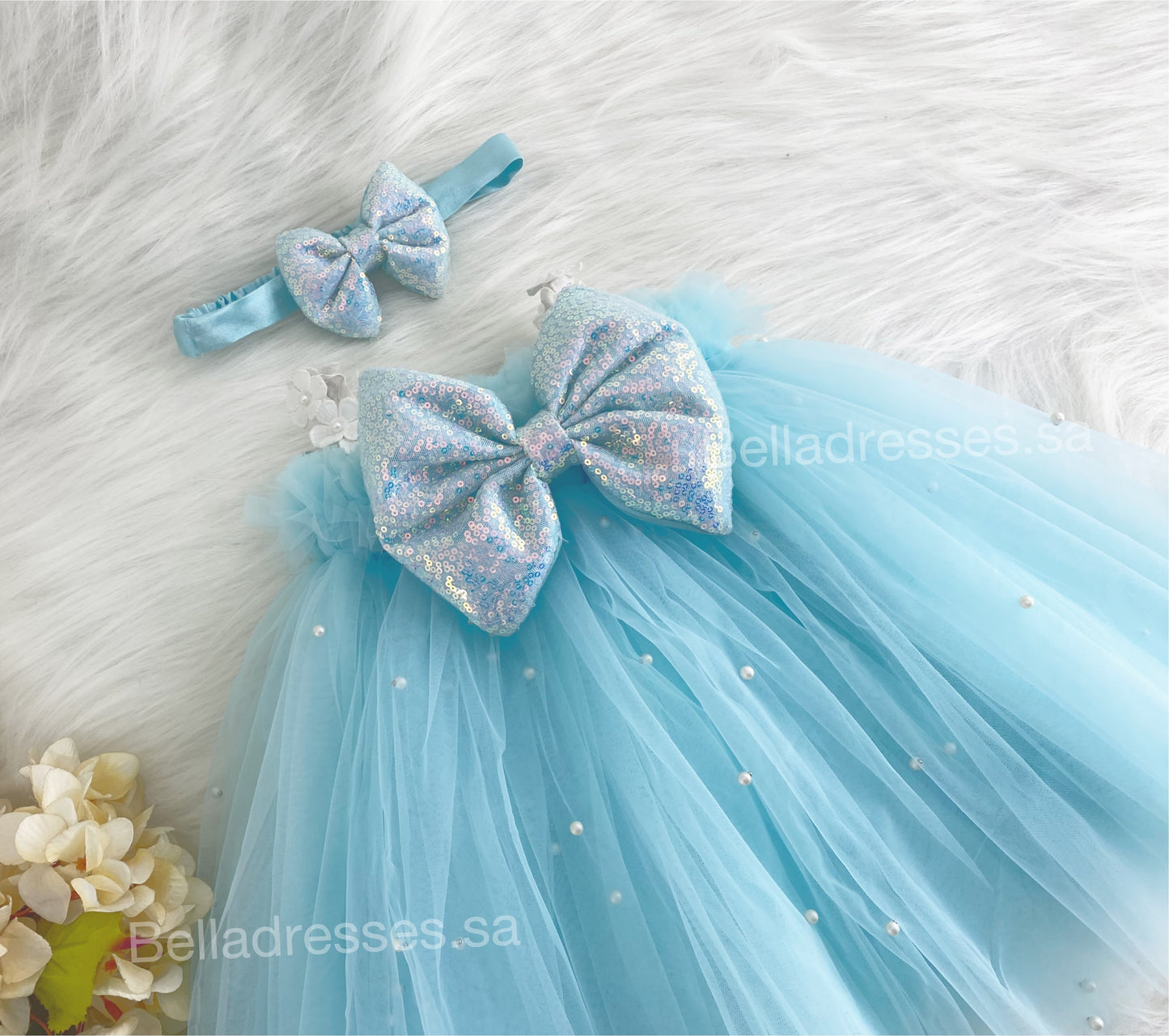 White Flower Strapped  Sequins Bow Party Wear Sky Blue Umbrella Dress