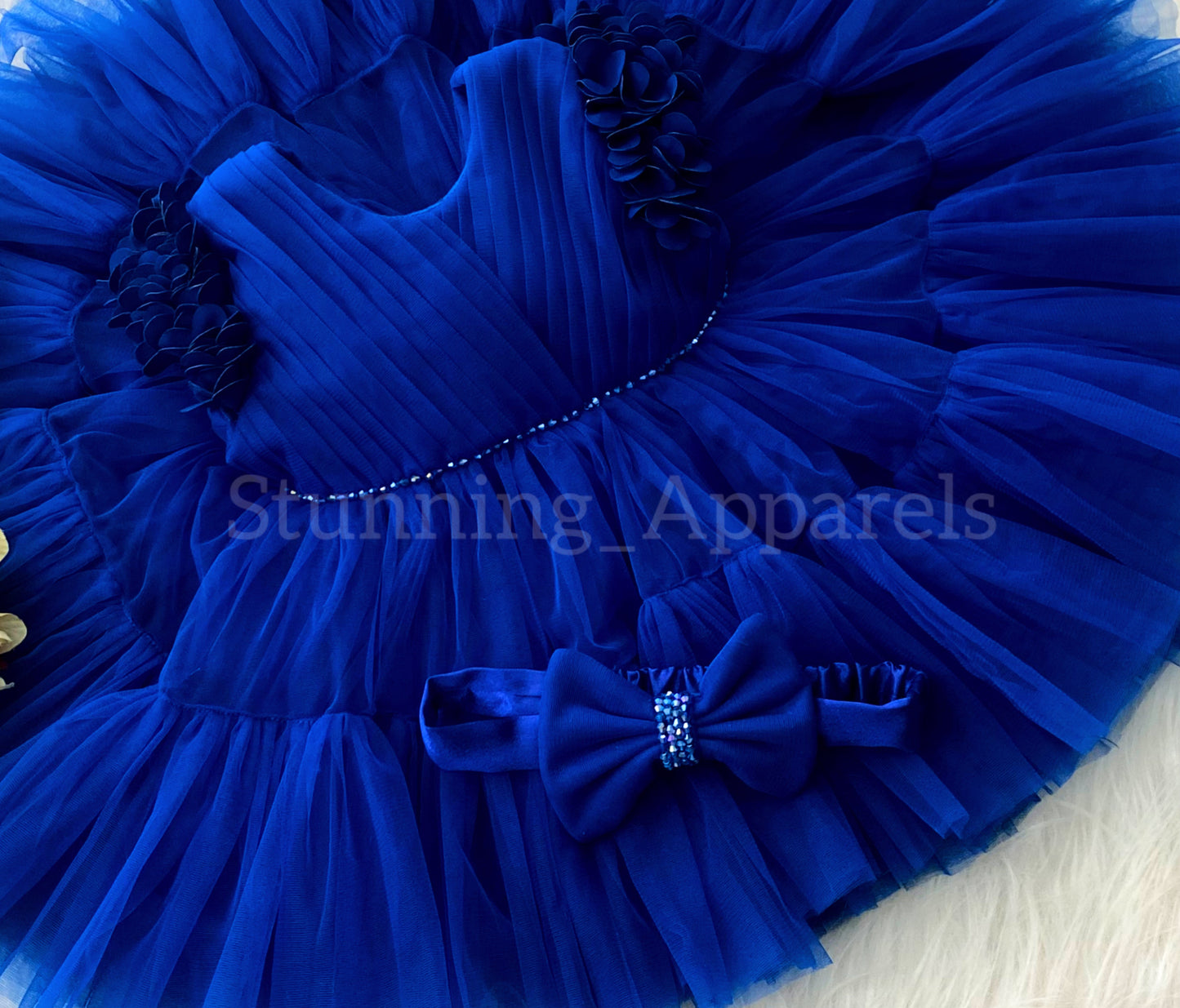 Beautiful  Cape Sleeves Flower Work Ruffled Royal Blue Frock