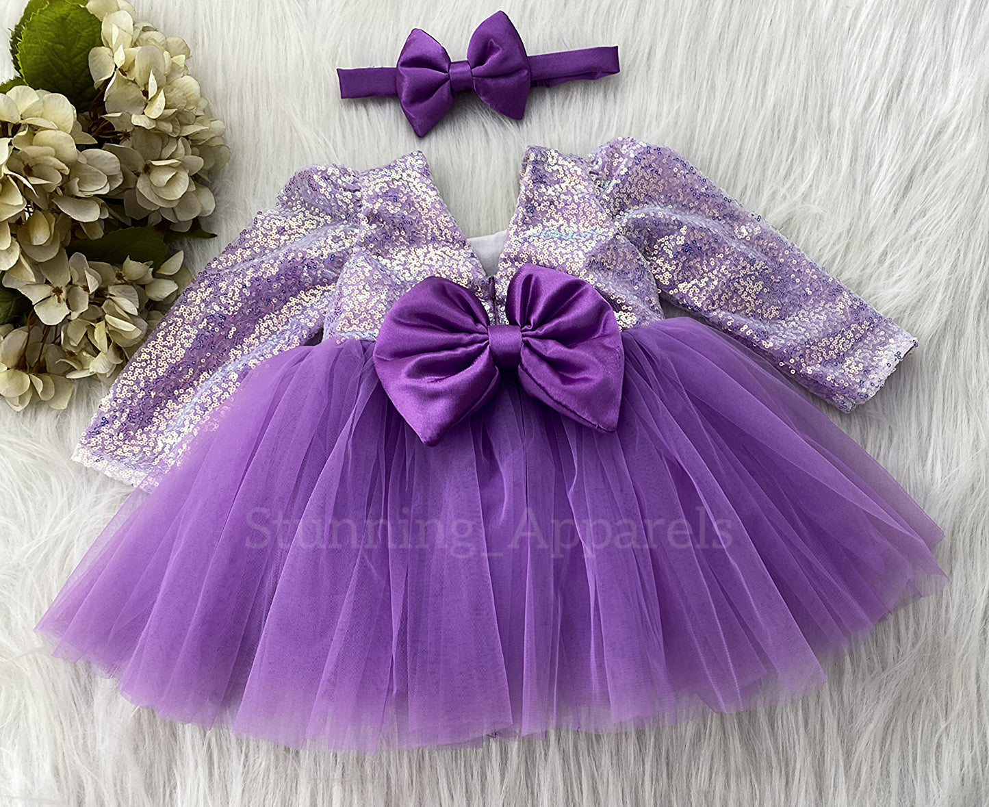 Stylish Long Sleeves Satin Bow Party Wear Lavender Frock