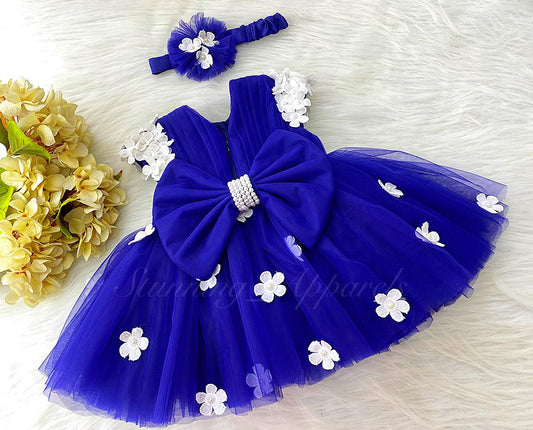 Cute White Flower Work Cape Sleeves Royal Blue Frock