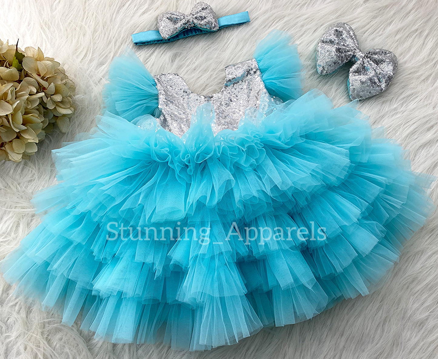 Silver Sequins Bow Stylish Lyered Dark Sky Blue Frock