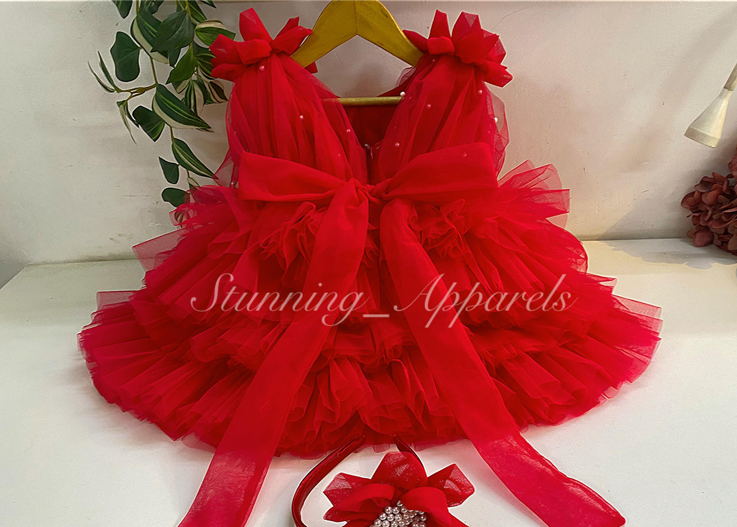 Shoulder Flower Work Layered Red Dress