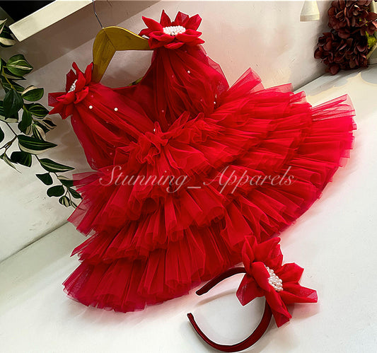 Shoulder Flower Work Layered Red Dress