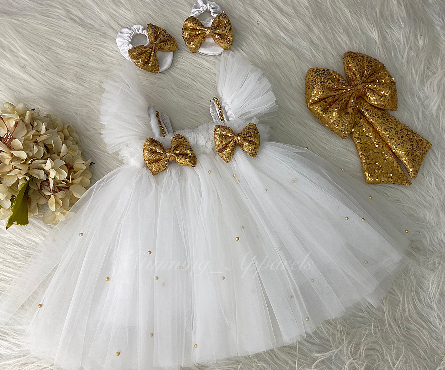 Golden Sequins Bow Party Wear White Umbrella Dress