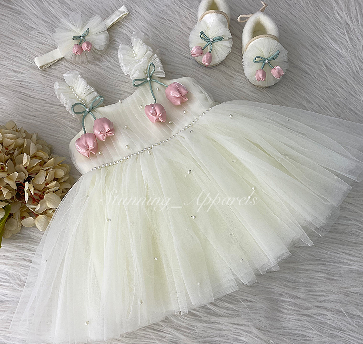 Peach Tulip Flower Work Party Wear Cream Dress