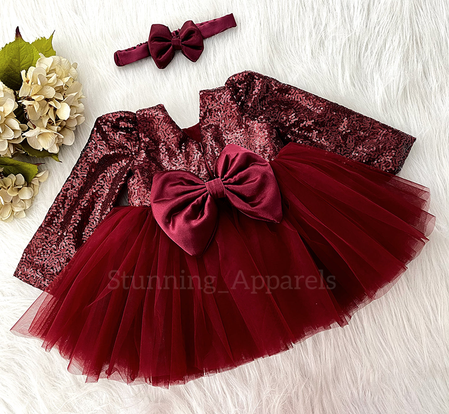 Stylish Long Sleeves Satin Bow Party Wear Maroon Frock