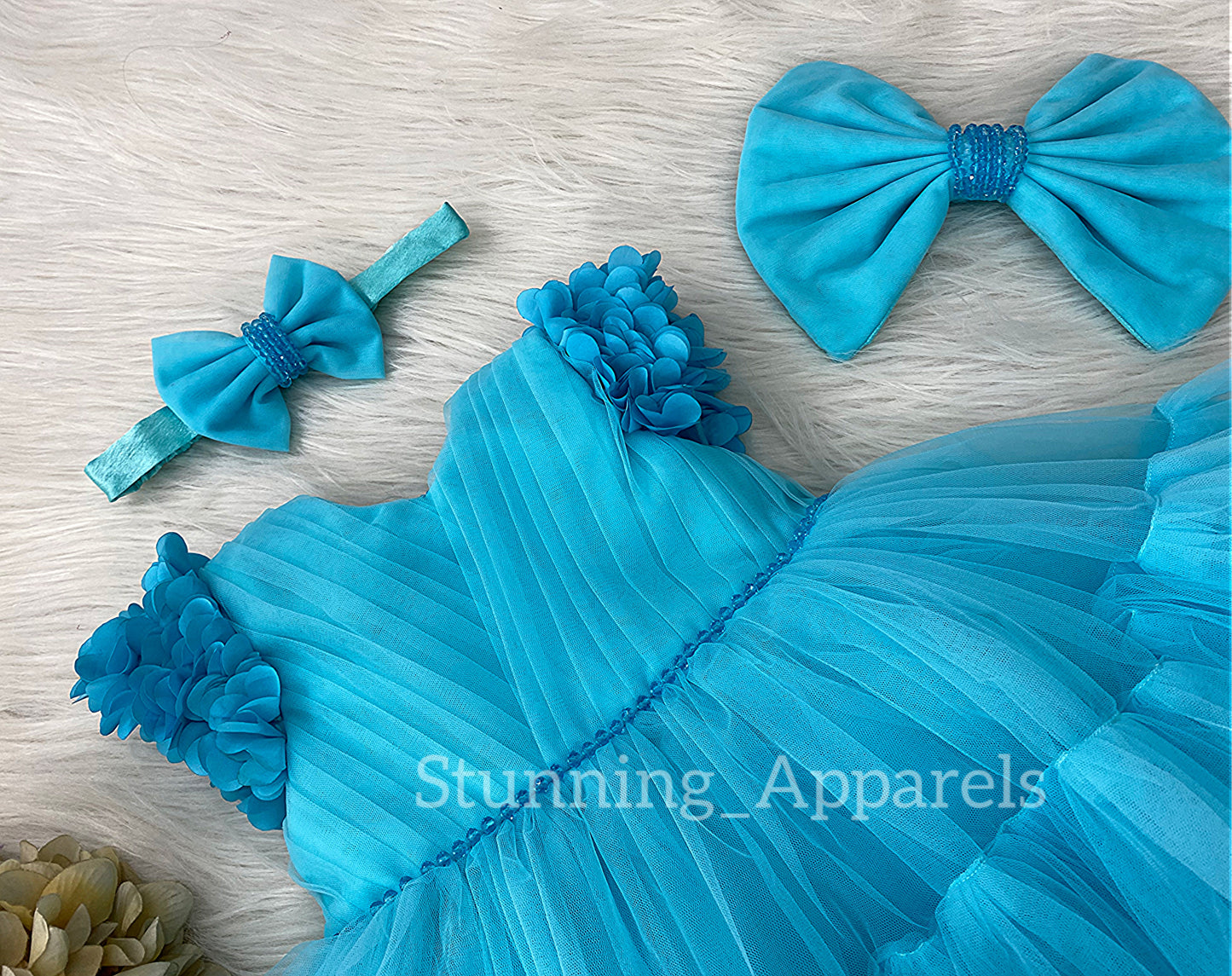 Beautiful Cape Sleeves Flower Work Ruffled Dark Sky Blue Frock