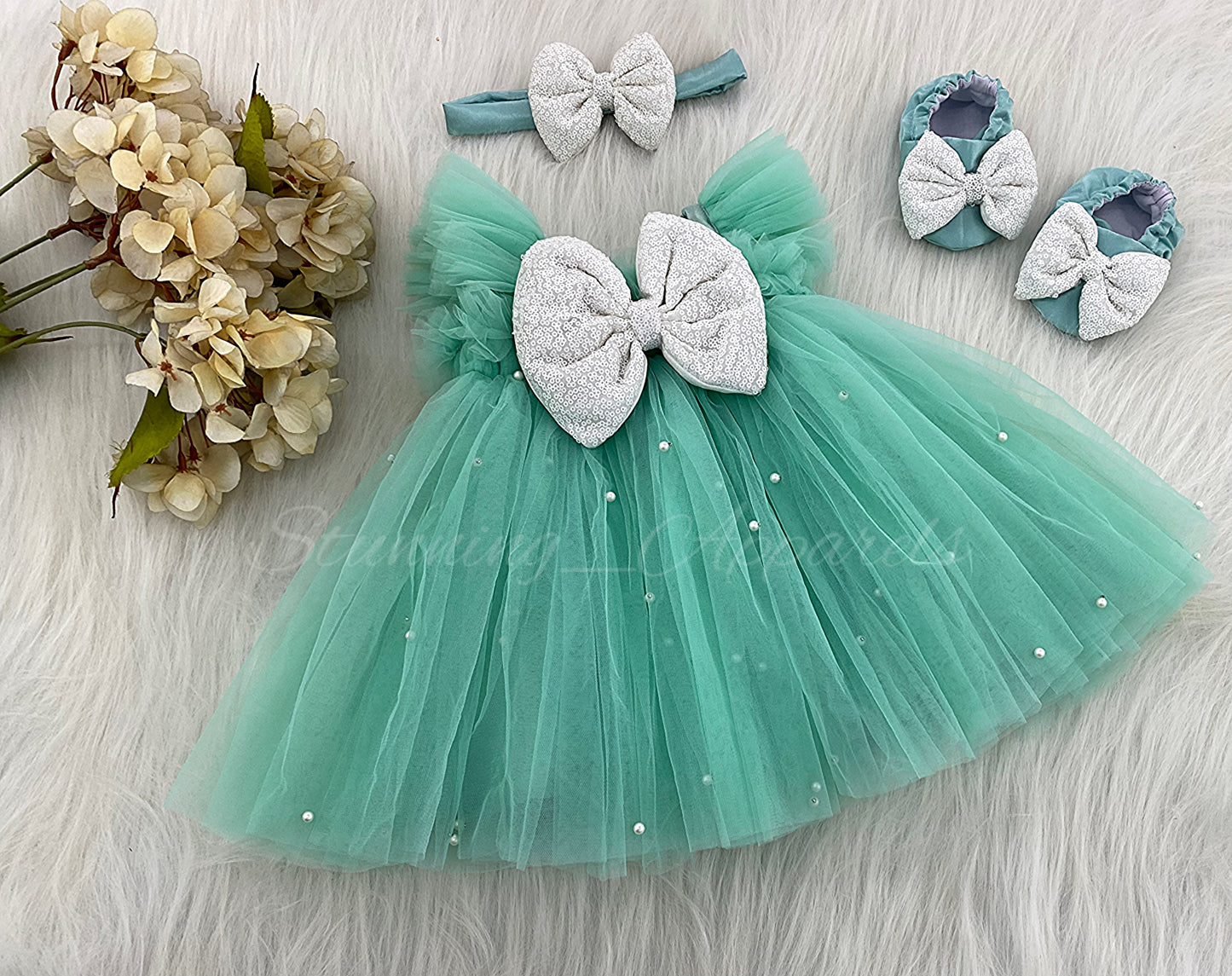 Ruffled Sleeves Strapped  Sequins Bow Party Wear Sea Green Umbrella Dress