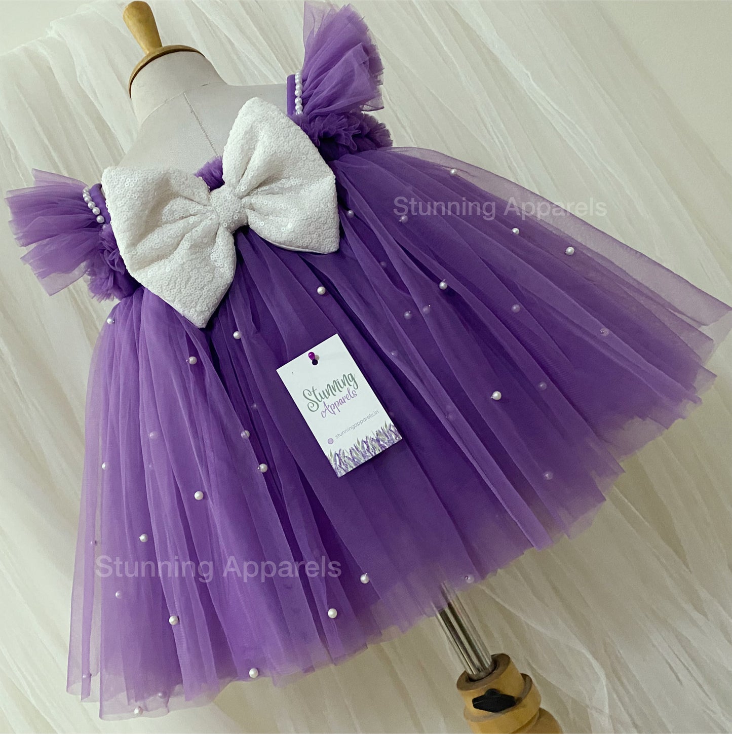 Ruffled Sleeves Strapped  Sequins Bow Party Wear Lavender Umbrella Dress